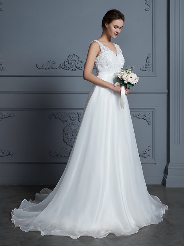 A-Line/Princess V-neck Sleeveless Floor-Length Organza Wedding Dresses 1149