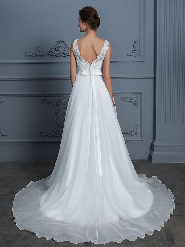 A-Line/Princess V-neck Sleeveless Floor-Length Organza Wedding Dresses 1149