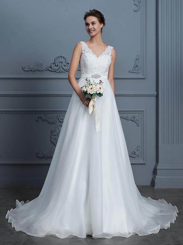 A-Line/Princess V-neck Sleeveless Floor-Length Organza Wedding Dresses 1149