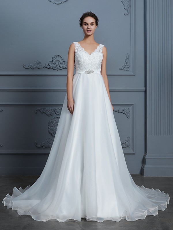 A-Line/Princess V-neck Sleeveless Floor-Length Organza Wedding Dresses 1149