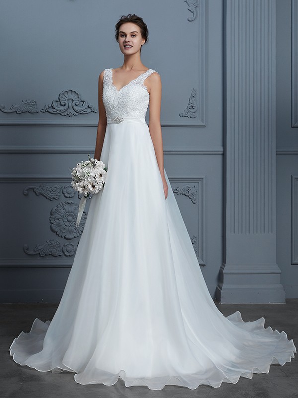 A-Line/Princess V-neck Sleeveless Floor-Length Organza Wedding Dresses 1149