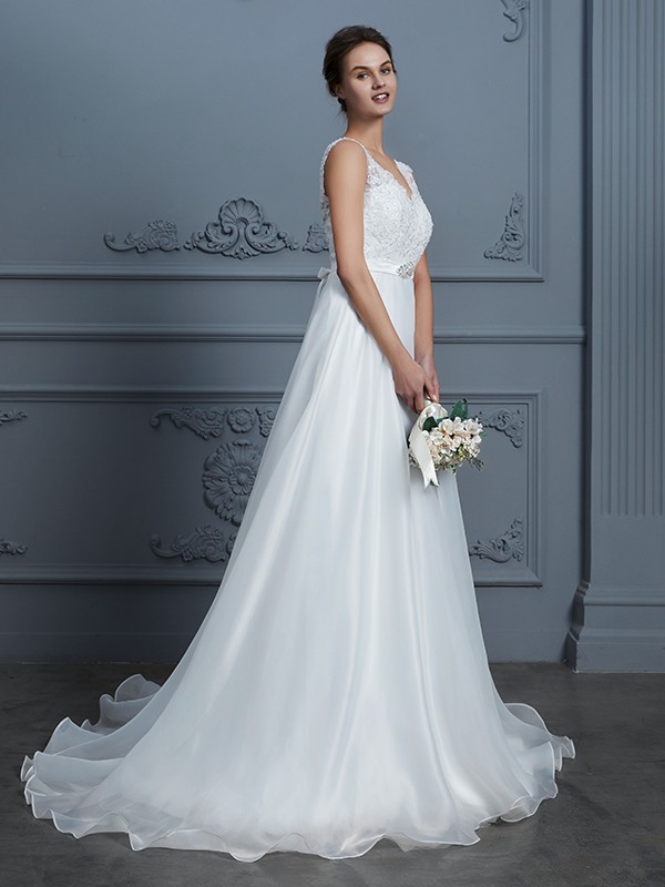 A-Line/Princess V-neck Sleeveless Floor-Length Organza Wedding Dresses 1149