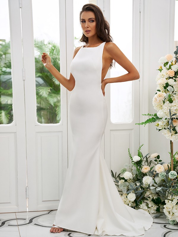 Sheath/Column Stretch Crepe Ruffles Square Sleeveless Sweep/Brush Train Bridesmaid Dresses 1510