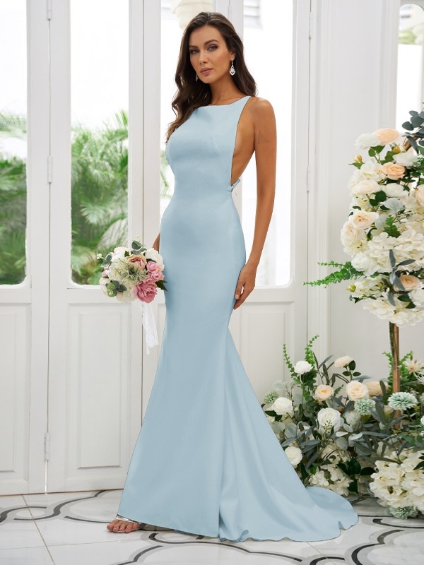 Sheath/Column Stretch Crepe Ruffles Square Sleeveless Sweep/Brush Train Bridesmaid Dresses 1510