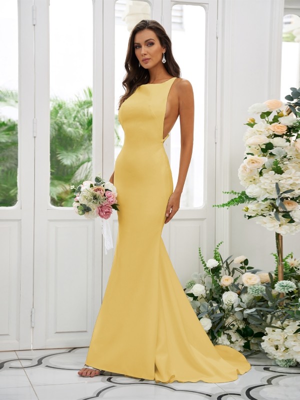 Sheath/Column Stretch Crepe Ruffles Square Sleeveless Sweep/Brush Train Bridesmaid Dresses 1510