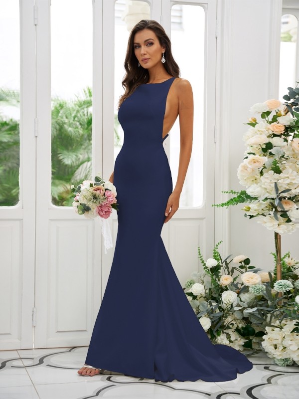 Sheath/Column Stretch Crepe Ruffles Square Sleeveless Sweep/Brush Train Bridesmaid Dresses 1510