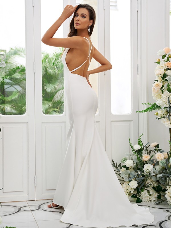 Sheath/Column Stretch Crepe Ruffles Square Sleeveless Sweep/Brush Train Bridesmaid Dresses 1510