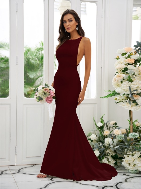 Sheath/Column Stretch Crepe Ruffles Square Sleeveless Sweep/Brush Train Bridesmaid Dresses 1510