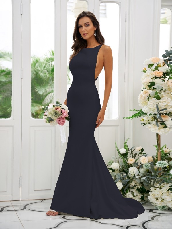 Sheath/Column Stretch Crepe Ruffles Square Sleeveless Sweep/Brush Train Bridesmaid Dresses 1510