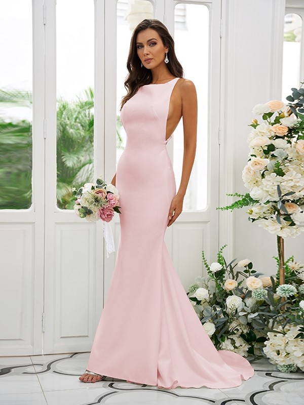 Sheath/Column Stretch Crepe Ruffles Square Sleeveless Sweep/Brush Train Bridesmaid Dresses 1510