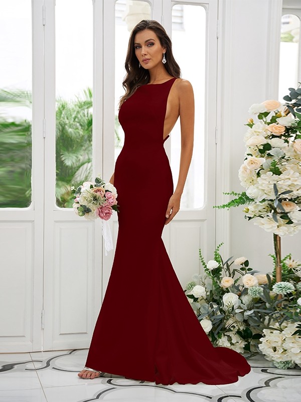 Sheath/Column Stretch Crepe Ruffles Square Sleeveless Sweep/Brush Train Bridesmaid Dresses 1510