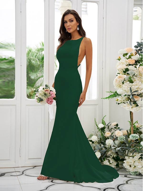 Sheath/Column Stretch Crepe Ruffles Square Sleeveless Sweep/Brush Train Bridesmaid Dresses 1510