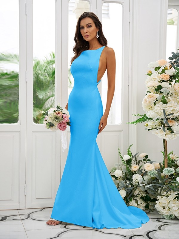 Sheath/Column Stretch Crepe Ruffles Square Sleeveless Sweep/Brush Train Bridesmaid Dresses 1510