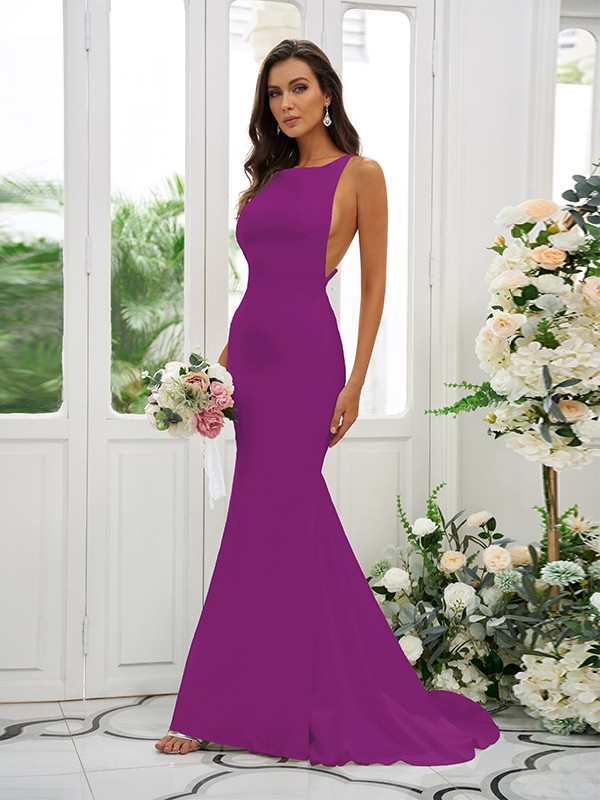 Sheath/Column Stretch Crepe Ruffles Square Sleeveless Sweep/Brush Train Bridesmaid Dresses 1510