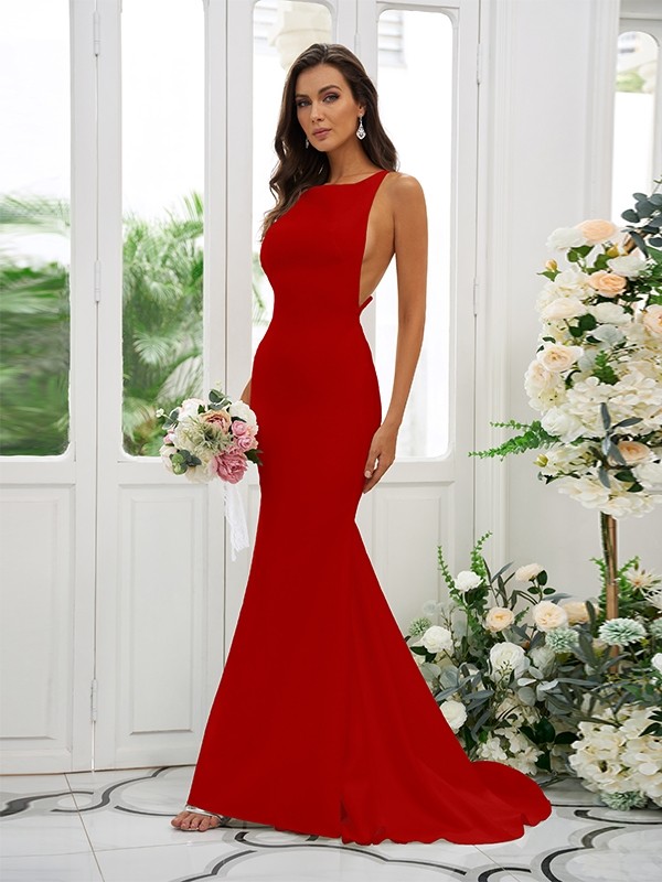 Sheath/Column Stretch Crepe Ruffles Square Sleeveless Sweep/Brush Train Bridesmaid Dresses 1510