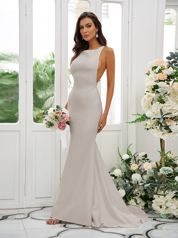 Sheath/Column Stretch Crepe Ruffles Square Sleeveless Sweep/Brush Train Bridesmaid Dresses 1510