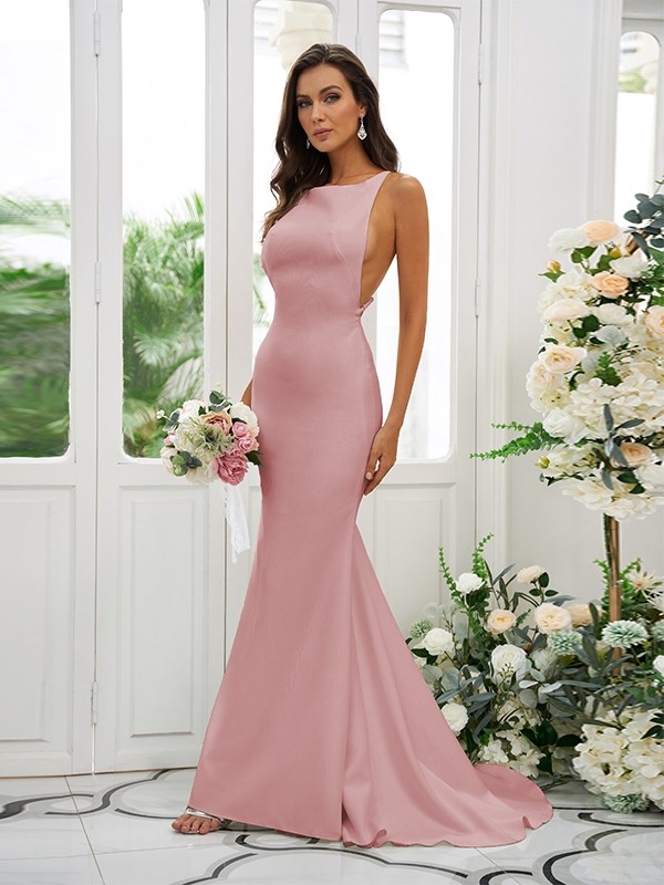 Sheath/Column Stretch Crepe Ruffles Square Sleeveless Sweep/Brush Train Bridesmaid Dresses 1510