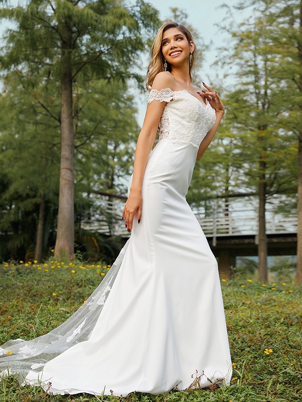 A-Line/Princess Stretch Crepe Off-the-Shoulder Sleeveless Sweep/Brush Train Bridesmaid Dresses 625