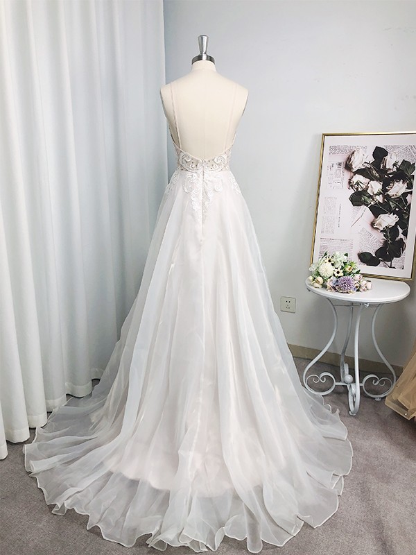 A-Line/Princess Spaghetti Straps Chiffon Applique Sleeveless Sweep/Brush Train Wedding Dresses 922