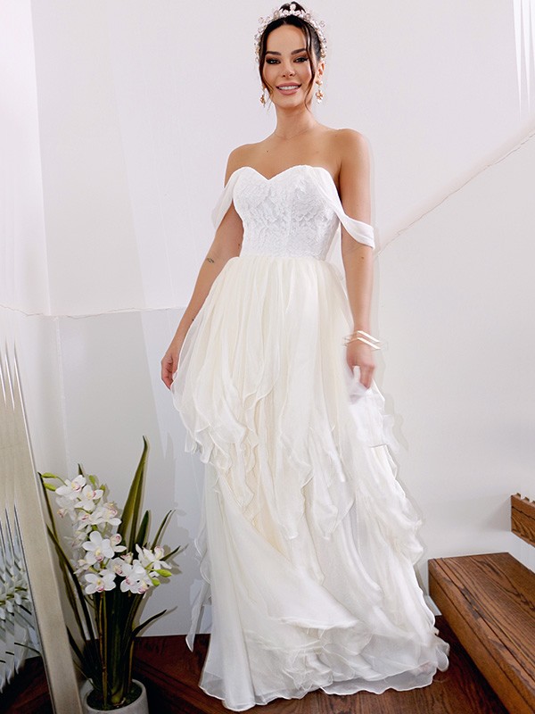 A-Line/Princess Sleeveless Off-the-Shoulder Ruched Chiffon Floor-Length Wedding Dresses 894