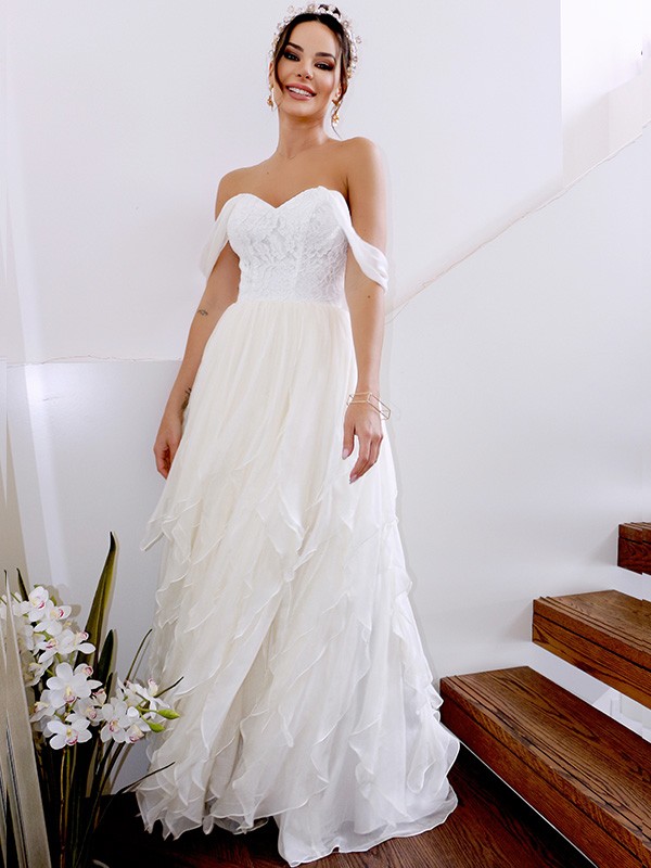 A-Line/Princess Sleeveless Off-the-Shoulder Ruched Chiffon Floor-Length Wedding Dresses 894