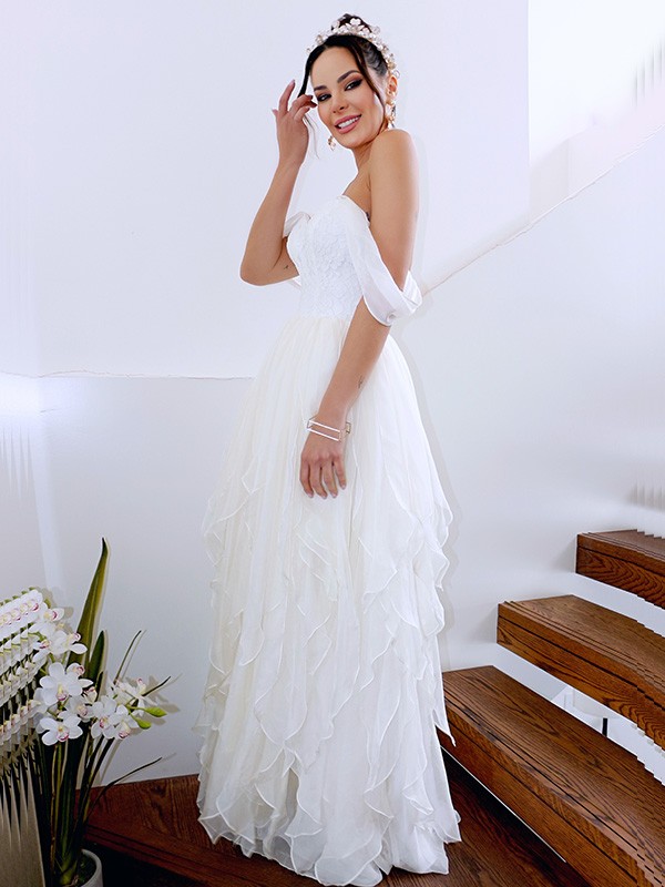 A-Line/Princess Sleeveless Off-the-Shoulder Ruched Chiffon Floor-Length Wedding Dresses 894