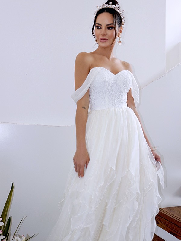 A-Line/Princess Sleeveless Off-the-Shoulder Ruched Chiffon Floor-Length Wedding Dresses 894