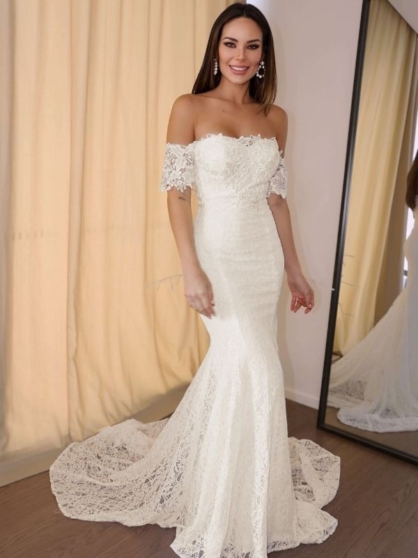 Trumpet/Mermaid Off-the-Shoulder Short Sleeves Lace Applique Court Train Wedding Dresses 1608