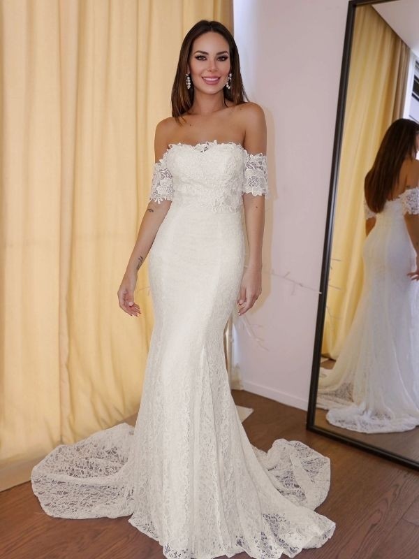 Trumpet/Mermaid Off-the-Shoulder Short Sleeves Lace Applique Court Train Wedding Dresses 1608