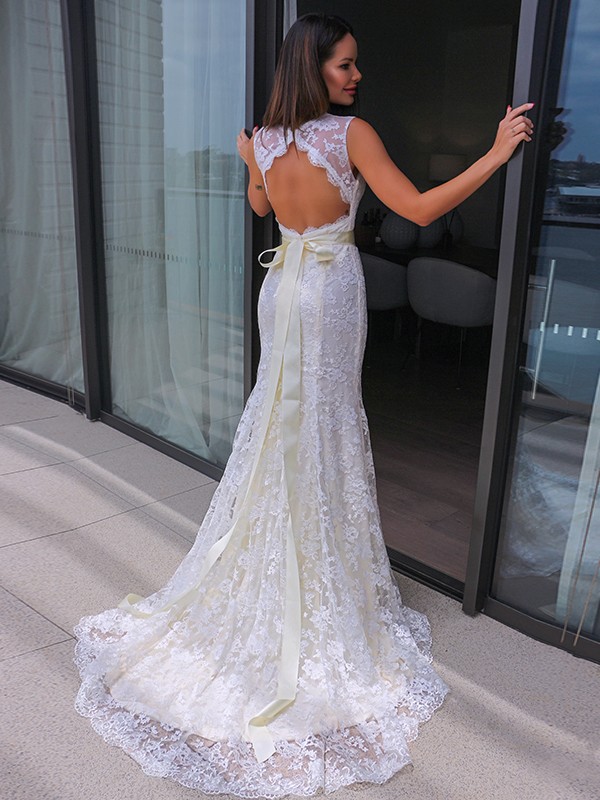 Sheath/Column Lace V-neck Sash/Ribbon/Belt Sleeveless Sweep/Brush Train Wedding Dresses 1398