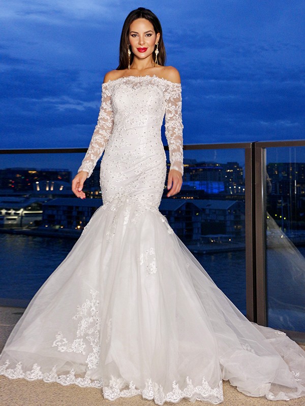 Trumpet/Mermaid Lace Tulle Long Sleeves Off-the-Shoulder Sweep/Brush Train Wedding Dresses 1587