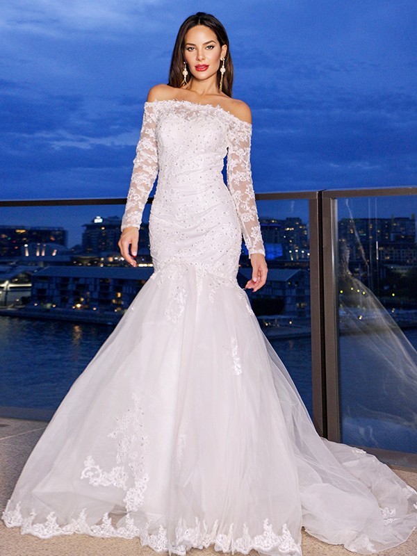 Trumpet/Mermaid Lace Tulle Long Sleeves Off-the-Shoulder Sweep/Brush Train Wedding Dresses 1587