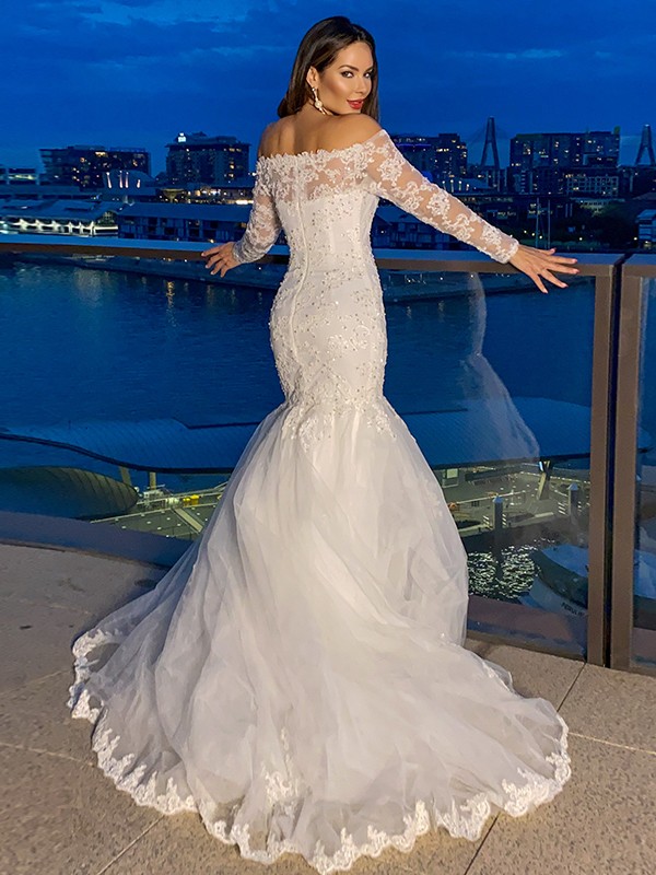 Trumpet/Mermaid Lace Tulle Long Sleeves Off-the-Shoulder Sweep/Brush Train Wedding Dresses 1587