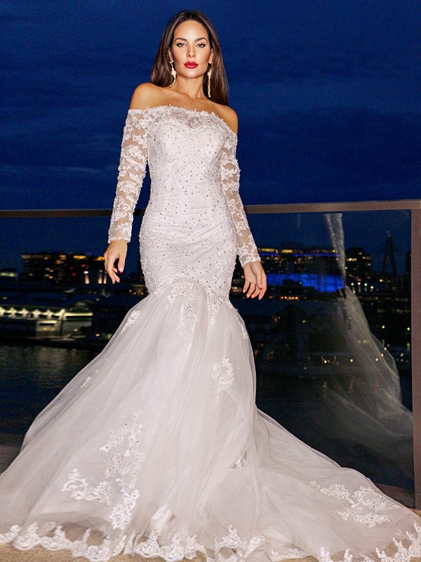 Trumpet/Mermaid Lace Tulle Long Sleeves Off-the-Shoulder Sweep/Brush Train Wedding Dresses 1587