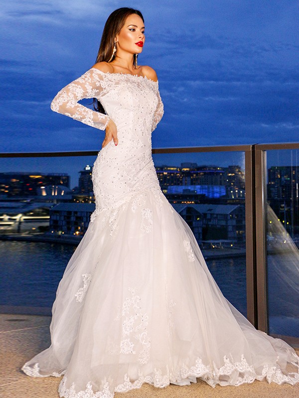 Trumpet/Mermaid Lace Tulle Long Sleeves Off-the-Shoulder Sweep/Brush Train Wedding Dresses 1587