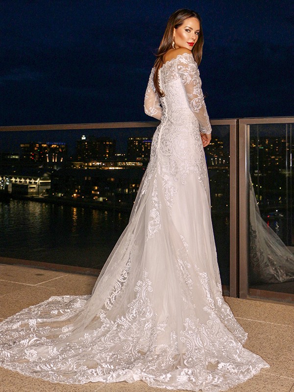 Sheath/Column Lace Off-the-Shoulder Long Sleeves Court Train Wedding Dresses 1384