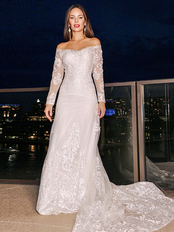 Sheath/Column Lace Off-the-Shoulder Long Sleeves Court Train Wedding Dresses 1384