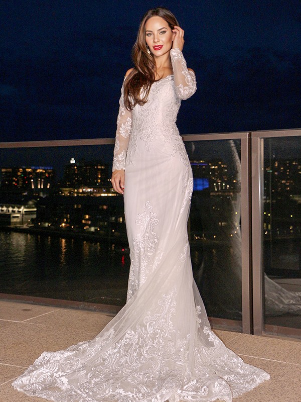 Sheath/Column Lace Off-the-Shoulder Long Sleeves Court Train Wedding Dresses 1384