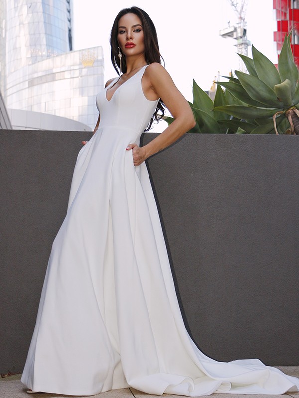 A-Line/Princess Satin Ruffles V-neck Sleeveless Sweep/Brush Train Wedding Dresses 857