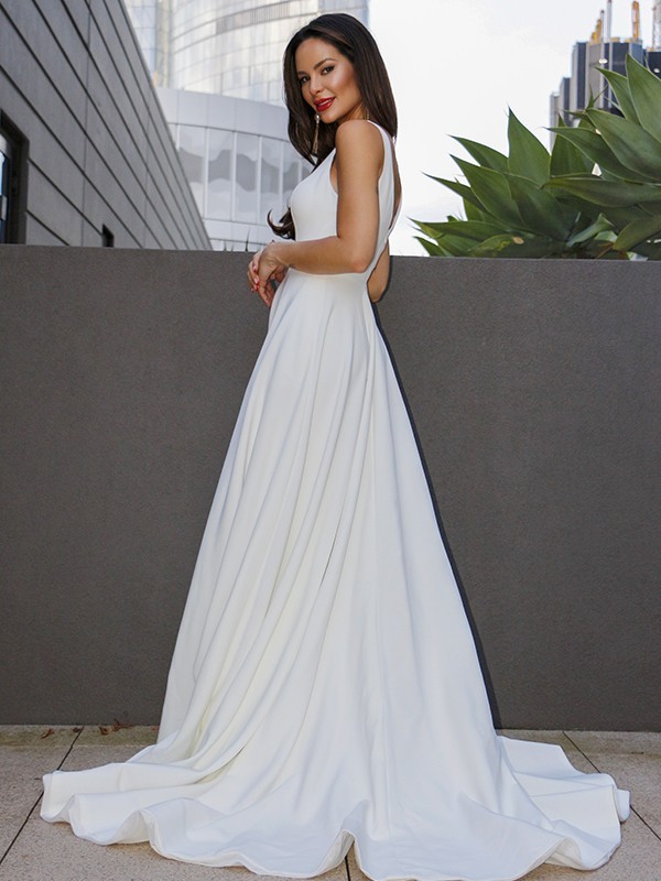 A-Line/Princess Satin Ruffles V-neck Sleeveless Sweep/Brush Train Wedding Dresses 857