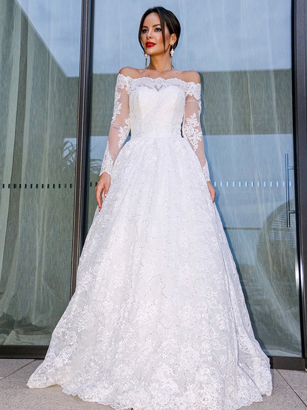 Ball Gown Bateau Long Sleeves Lace Floor-Length Wedding Dresses 1301