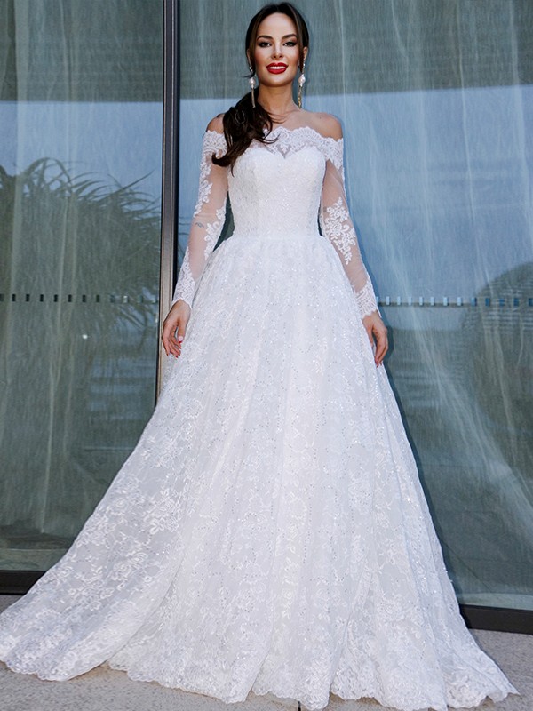 Ball Gown Bateau Long Sleeves Lace Floor-Length Wedding Dresses 1301