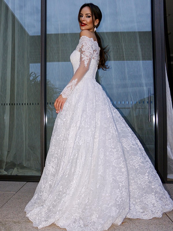 Ball Gown Bateau Long Sleeves Lace Floor-Length Wedding Dresses 1301