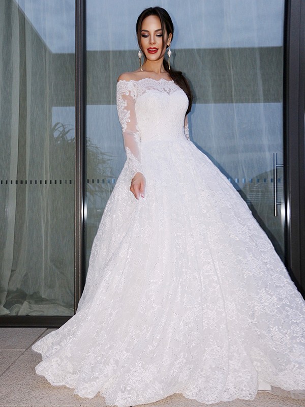 Ball Gown Bateau Long Sleeves Lace Floor-Length Wedding Dresses 1301