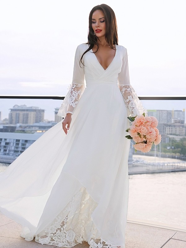 A-Line/Princess Lace V-neck Long Sleeves Sash/Ribbon/Belt Sweep/Brush Train Wedding Dresses 747