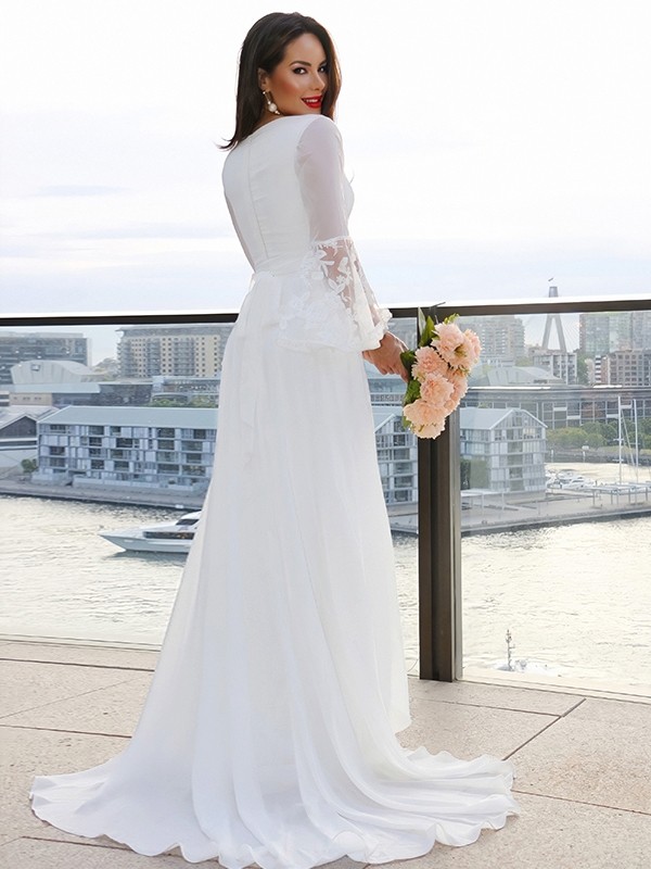 A-Line/Princess Lace V-neck Long Sleeves Sash/Ribbon/Belt Sweep/Brush Train Wedding Dresses 747