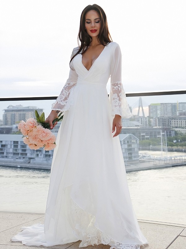 A-Line/Princess Lace V-neck Long Sleeves Sash/Ribbon/Belt Sweep/Brush Train Wedding Dresses 747