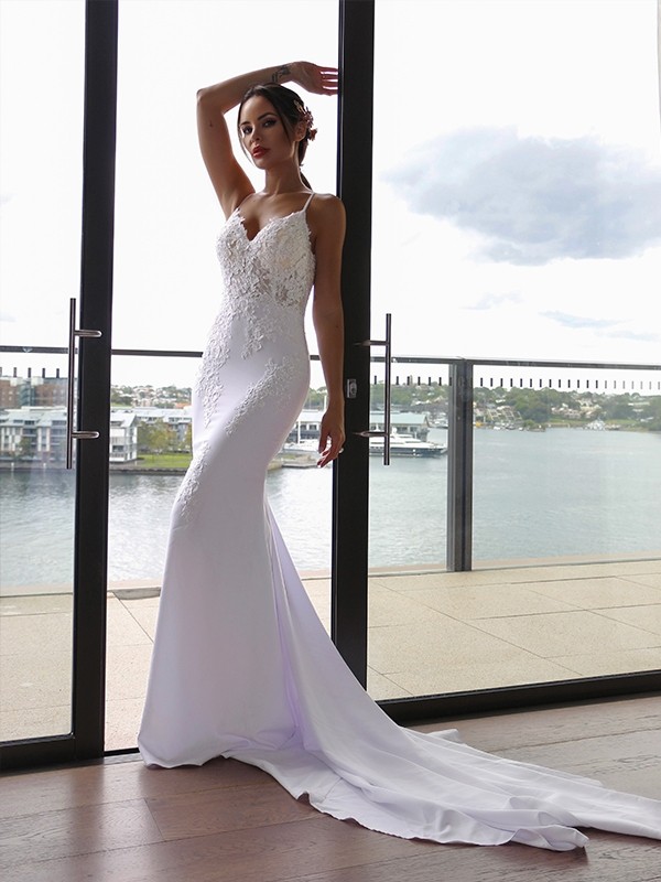 Trumpet/Mermaid Spaghetti Straps Applique Stretch Crepe Sleeveless Cathedral Train Wedding Dresses 1664