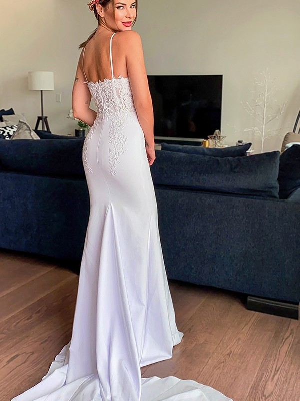 Trumpet/Mermaid Spaghetti Straps Applique Stretch Crepe Sleeveless Cathedral Train Wedding Dresses 1664