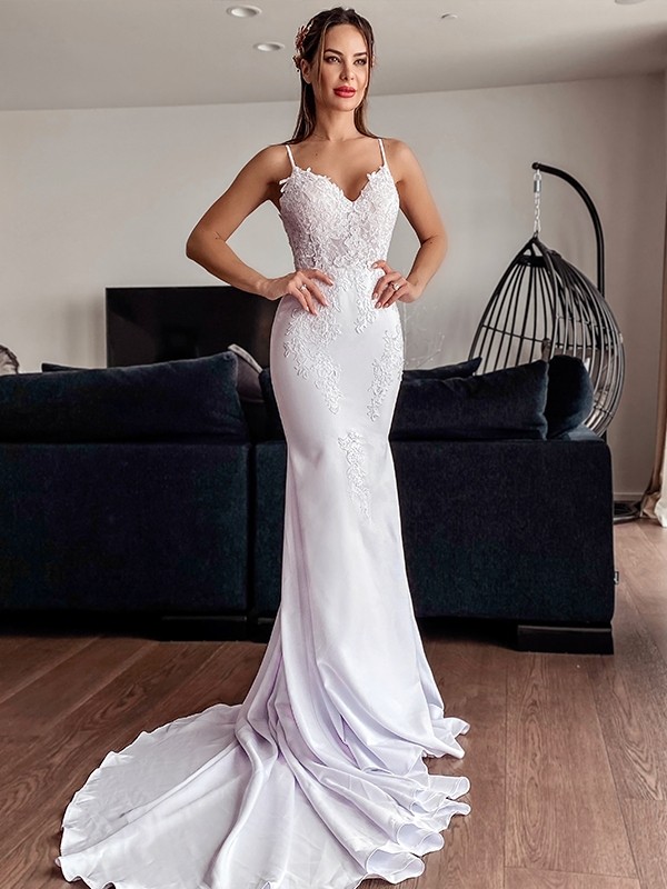 Trumpet/Mermaid Spaghetti Straps Applique Stretch Crepe Sleeveless Cathedral Train Wedding Dresses 1664